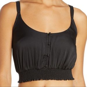 Free People black satin shirred crop top